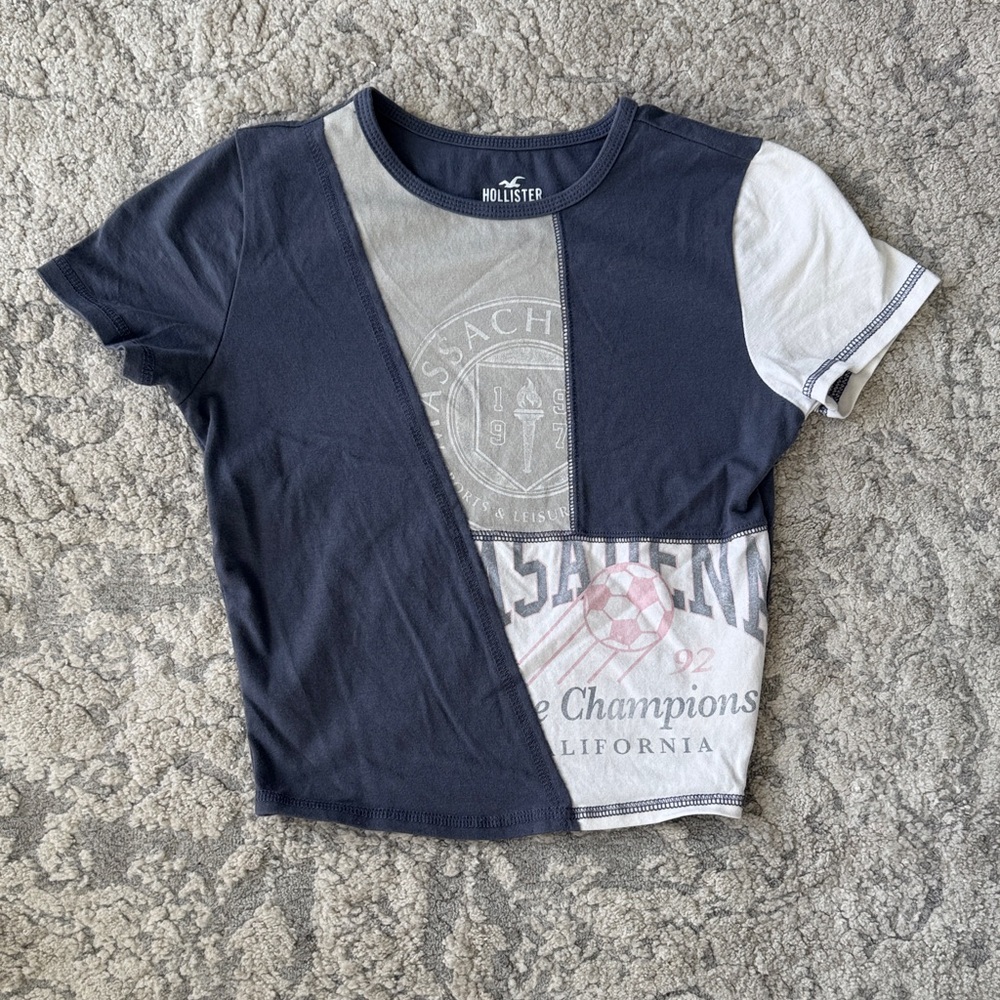 Hollister Navy and White Patchwork Crop Top
